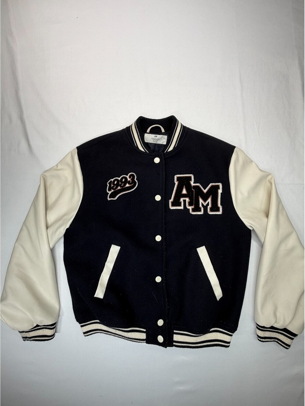 H&M Girl's Varsity Jacket Polyester Button Long Sleeve Lined Size 12 Black White